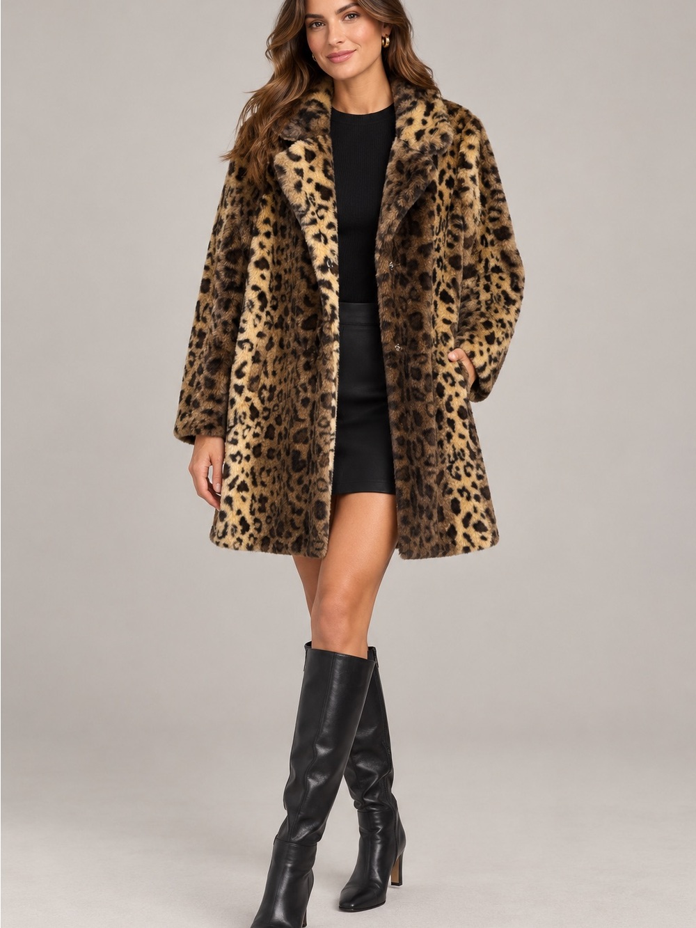 Cavalini Leopard Print Faux Fur Pea Coat - Brown & Black